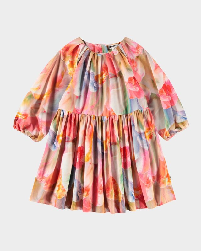Girl's Ciera Long-Sleeve Gathered Floral Cotton Dress, Size 3T-6